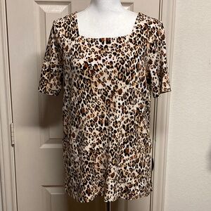 Chico’s Square Neckline Animal Print Tunic Length Top Comfy Cotton Knit Sz M